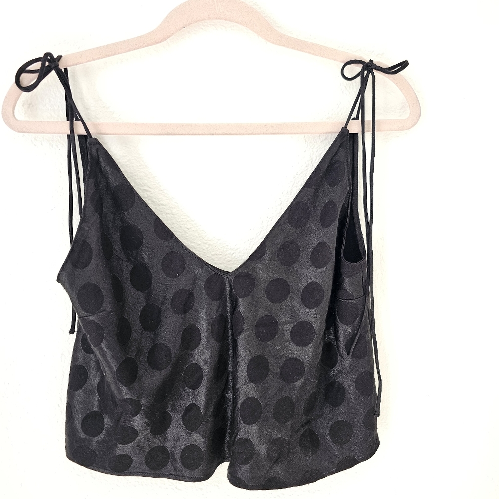VICTORIAS SECRET Black Satin Polka Dot Crop Top Shoulder Tie Blouse Size Medium